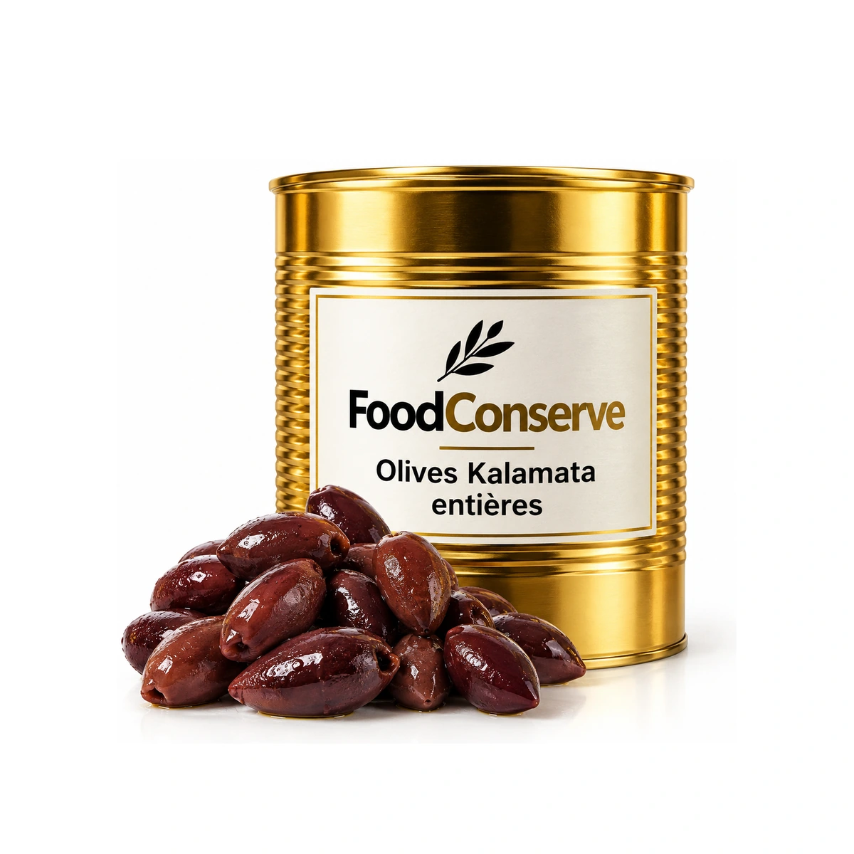 Boîte dorée FoodConserve et olives Kalamata entières